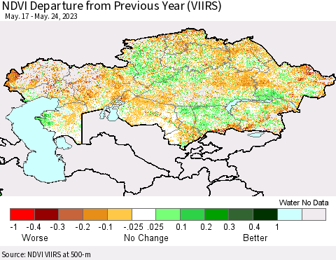 Kazakhstan NDVI Departure from Previous Year (VIIRS) Thematic Map For 5/17/2023 - 5/24/2023