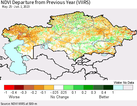 Kazakhstan NDVI Departure from Previous Year (VIIRS) Thematic Map For 5/25/2023 - 6/1/2023