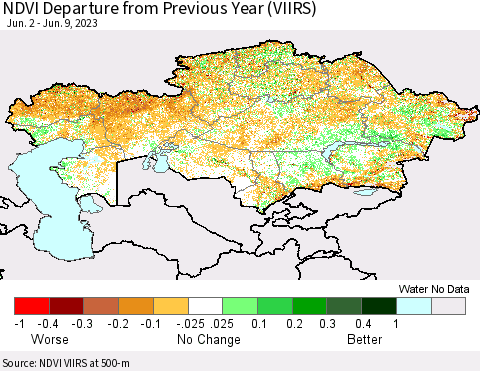 Kazakhstan NDVI Departure from Previous Year (VIIRS) Thematic Map For 6/2/2023 - 6/9/2023