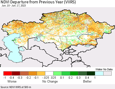 Kazakhstan NDVI Departure from Previous Year (VIIRS) Thematic Map For 6/10/2023 - 6/17/2023