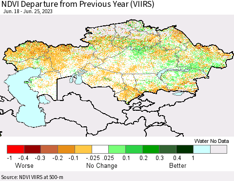 Kazakhstan NDVI Departure from Previous Year (VIIRS) Thematic Map For 6/18/2023 - 6/25/2023