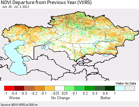 Kazakhstan NDVI Departure from Previous Year (VIIRS) Thematic Map For 6/26/2023 - 7/3/2023