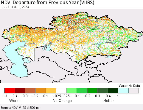 Kazakhstan NDVI Departure from Previous Year (VIIRS) Thematic Map For 7/4/2023 - 7/11/2023