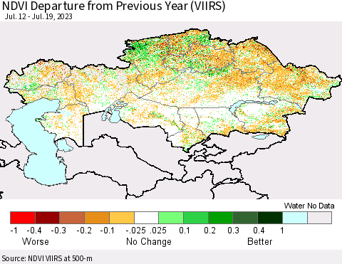 Kazakhstan NDVI Departure from Previous Year (VIIRS) Thematic Map For 7/12/2023 - 7/19/2023