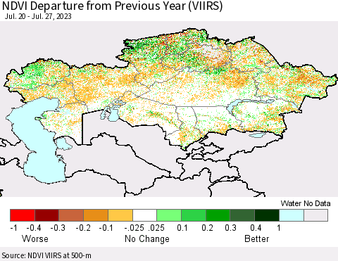 Kazakhstan NDVI Departure from Previous Year (VIIRS) Thematic Map For 7/20/2023 - 7/27/2023