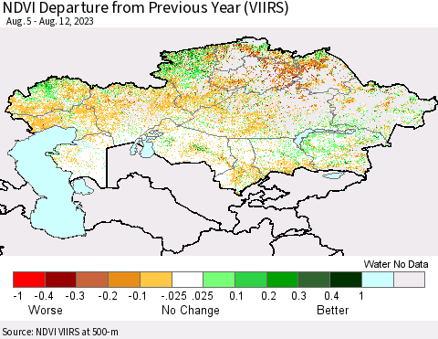 Kazakhstan NDVI Departure from Previous Year (VIIRS) Thematic Map For 8/5/2023 - 8/12/2023
