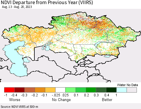 Kazakhstan NDVI Departure from Previous Year (VIIRS) Thematic Map For 8/13/2023 - 8/20/2023