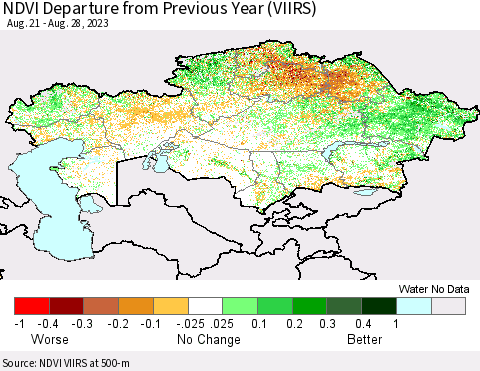 Kazakhstan NDVI Departure from Previous Year (VIIRS) Thematic Map For 8/21/2023 - 8/28/2023