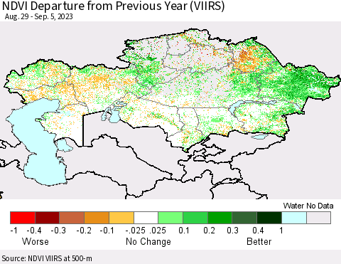 Kazakhstan NDVI Departure from Previous Year (VIIRS) Thematic Map For 8/29/2023 - 9/5/2023