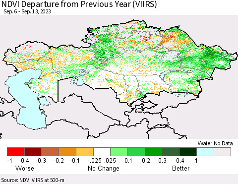 Kazakhstan NDVI Departure from Previous Year (VIIRS) Thematic Map For 9/6/2023 - 9/13/2023