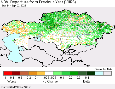 Kazakhstan NDVI Departure from Previous Year (VIIRS) Thematic Map For 9/14/2023 - 9/21/2023