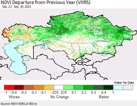 Kazakhstan NDVI Departure from Previous Year (VIIRS) Thematic Map For 9/22/2023 - 9/29/2023