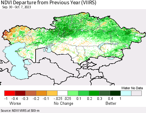Kazakhstan NDVI Departure from Previous Year (VIIRS) Thematic Map For 9/30/2023 - 10/7/2023