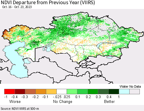 Kazakhstan NDVI Departure from Previous Year (VIIRS) Thematic Map For 10/16/2023 - 10/23/2023