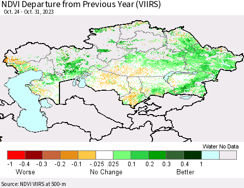 Kazakhstan NDVI Departure from Previous Year (VIIRS) Thematic Map For 10/24/2023 - 10/31/2023