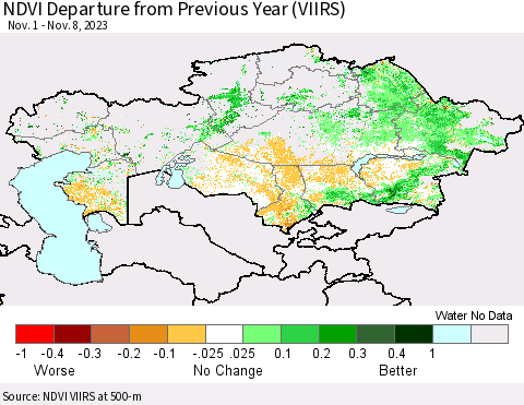 Kazakhstan NDVI Departure from Previous Year (VIIRS) Thematic Map For 11/1/2023 - 11/8/2023