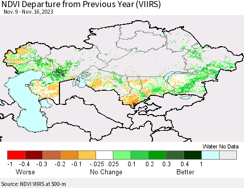 Kazakhstan NDVI Departure from Previous Year (VIIRS) Thematic Map For 11/9/2023 - 11/16/2023