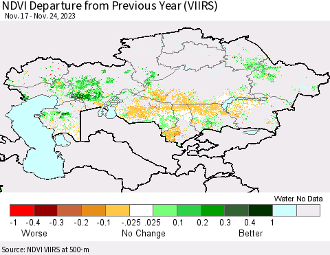 Kazakhstan NDVI Departure from Previous Year (VIIRS) Thematic Map For 11/17/2023 - 11/24/2023