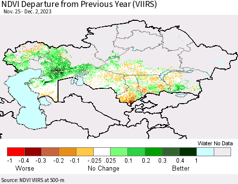 Kazakhstan NDVI Departure from Previous Year (VIIRS) Thematic Map For 11/25/2023 - 12/2/2023