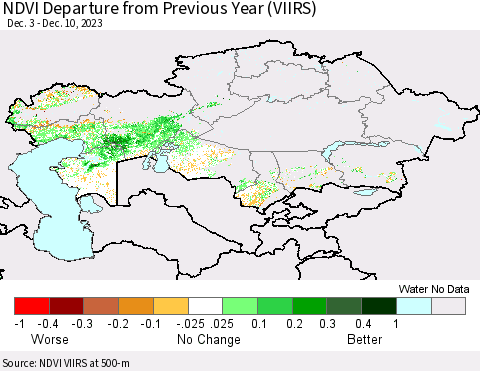 Kazakhstan NDVI Departure from Previous Year (VIIRS) Thematic Map For 12/3/2023 - 12/10/2023