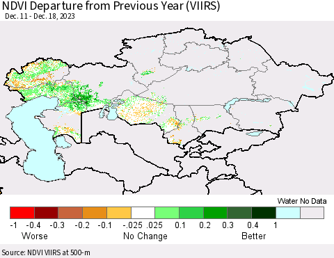 Kazakhstan NDVI Departure from Previous Year (VIIRS) Thematic Map For 12/11/2023 - 12/18/2023
