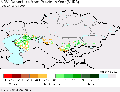 Kazakhstan NDVI Departure from Previous Year (VIIRS) Thematic Map For 12/27/2023 - 1/3/2024