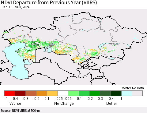Kazakhstan NDVI Departure from Previous Year (VIIRS) Thematic Map For 1/1/2024 - 1/8/2024