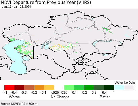 Kazakhstan NDVI Departure from Previous Year (VIIRS) Thematic Map For 1/17/2024 - 1/24/2024