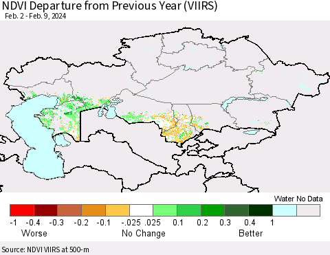 Kazakhstan NDVI Departure from Previous Year (VIIRS) Thematic Map For 2/2/2024 - 2/9/2024