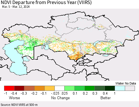 Kazakhstan NDVI Departure from Previous Year (VIIRS) Thematic Map For 3/5/2024 - 3/12/2024