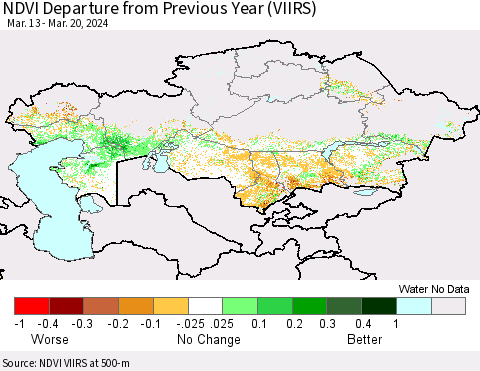 Kazakhstan NDVI Departure from Previous Year (VIIRS) Thematic Map For 3/13/2024 - 3/20/2024