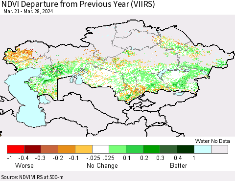 Kazakhstan NDVI Departure from Previous Year (VIIRS) Thematic Map For 3/21/2024 - 3/28/2024