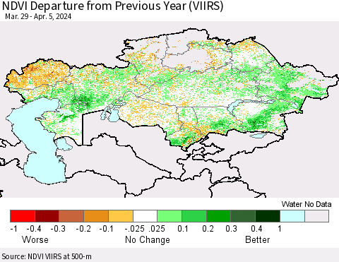 Kazakhstan NDVI Departure from Previous Year (VIIRS) Thematic Map For 3/29/2024 - 4/5/2024