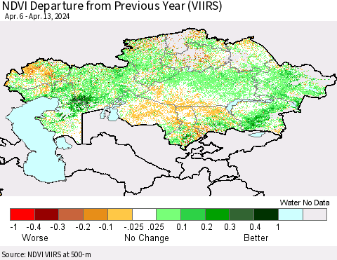 Kazakhstan NDVI Departure from Previous Year (VIIRS) Thematic Map For 4/6/2024 - 4/13/2024