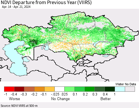 Kazakhstan NDVI Departure from Previous Year (VIIRS) Thematic Map For 4/14/2024 - 4/21/2024
