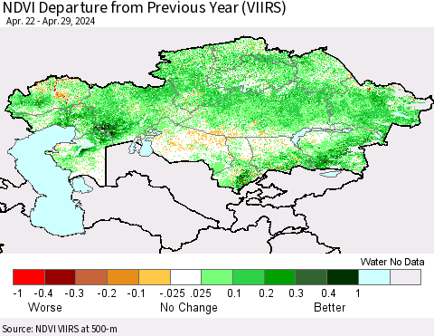Kazakhstan NDVI Departure from Previous Year (VIIRS) Thematic Map For 4/22/2024 - 4/29/2024