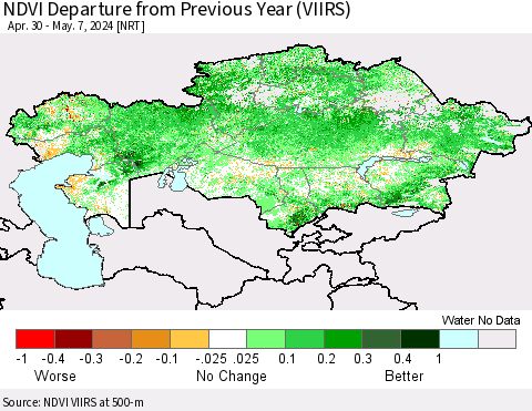 Kazakhstan NDVI Departure from Previous Year (VIIRS) Thematic Map For 4/30/2024 - 5/7/2024