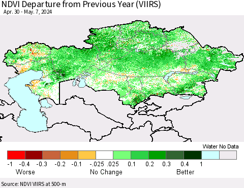 Kazakhstan NDVI Departure from Previous Year (VIIRS) Thematic Map For 4/30/2024 - 5/7/2024