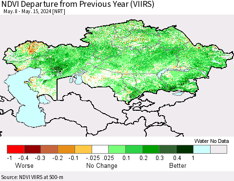 Kazakhstan NDVI Departure from Previous Year (VIIRS) Thematic Map For 5/8/2024 - 5/15/2024