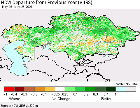 Kazakhstan NDVI Departure from Previous Year (VIIRS) Thematic Map For 5/16/2024 - 5/23/2024