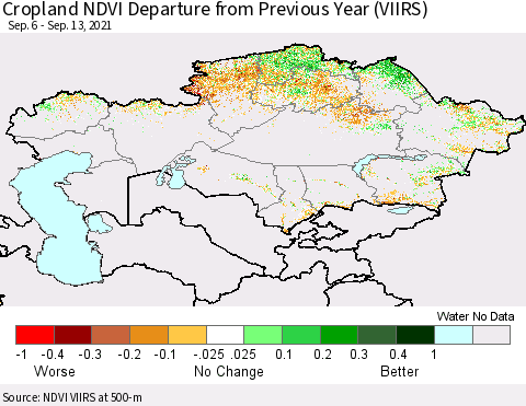 Kazakhstan Cropland NDVI Departure from Previous Year (VIIRS) Thematic Map For 9/6/2021 - 9/13/2021