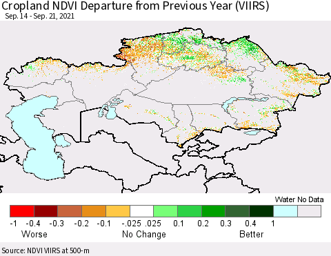 Kazakhstan Cropland NDVI Departure from Previous Year (VIIRS) Thematic Map For 9/14/2021 - 9/21/2021