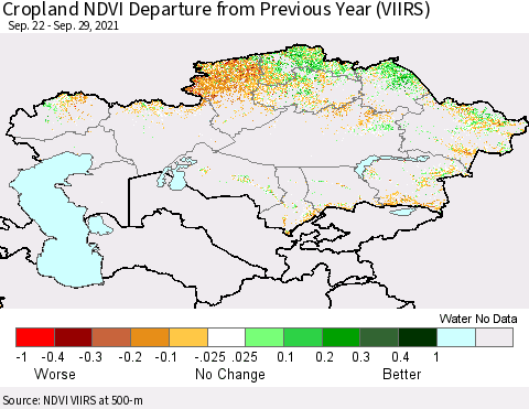 Kazakhstan Cropland NDVI Departure from Previous Year (VIIRS) Thematic Map For 9/22/2021 - 9/29/2021