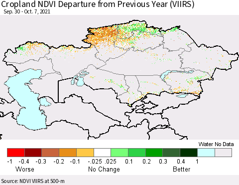 Kazakhstan Cropland NDVI Departure from Previous Year (VIIRS) Thematic Map For 9/30/2021 - 10/7/2021
