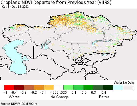 Kazakhstan Cropland NDVI Departure from Previous Year (VIIRS) Thematic Map For 10/8/2021 - 10/15/2021