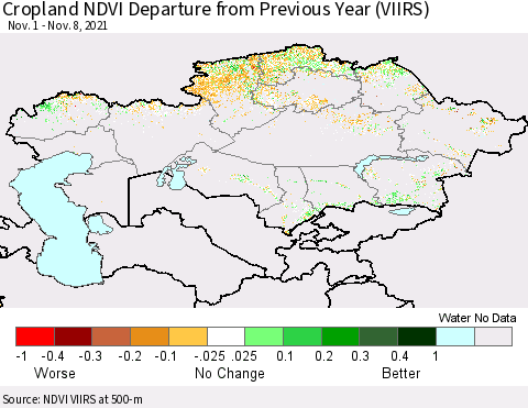 Kazakhstan Cropland NDVI Departure from Previous Year (VIIRS) Thematic Map For 11/1/2021 - 11/8/2021