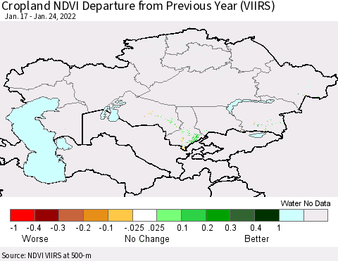 Kazakhstan Cropland NDVI Departure from Previous Year (VIIRS) Thematic Map For 1/17/2022 - 1/24/2022