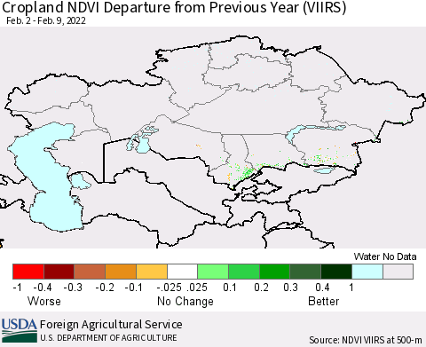 Kazakhstan Cropland NDVI Departure from Previous Year (VIIRS) Thematic Map For 2/2/2022 - 2/9/2022