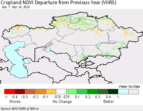 Kazakhstan Cropland NDVI Departure from Previous Year (VIIRS) Thematic Map For 4/7/2022 - 4/14/2022