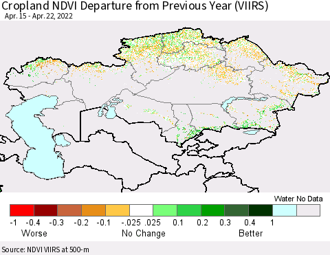 Kazakhstan Cropland NDVI Departure from Previous Year (VIIRS) Thematic Map For 4/15/2022 - 4/22/2022
